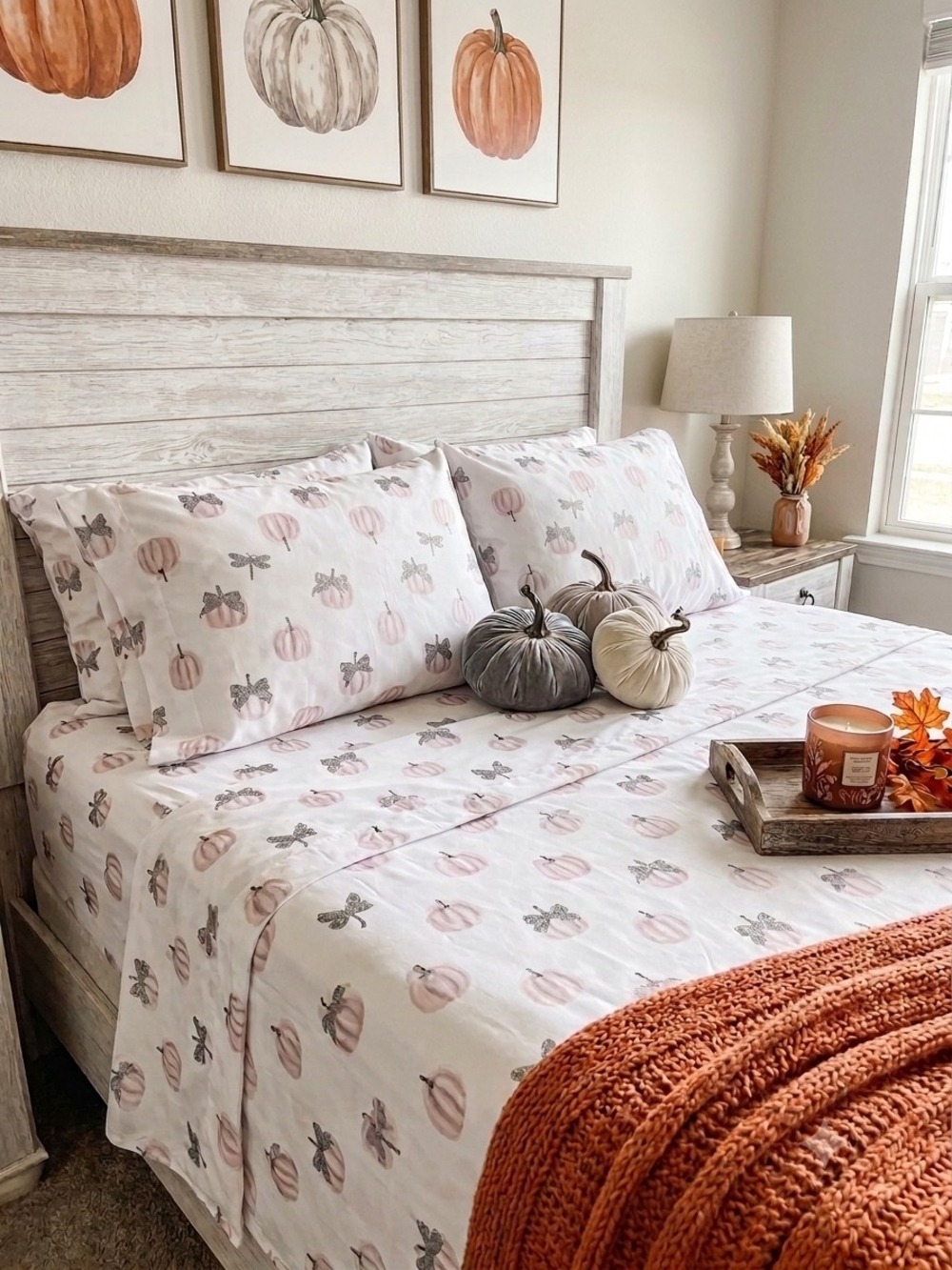 Queen Pumpkin Print 100% Cotton Sheet Set With Shams